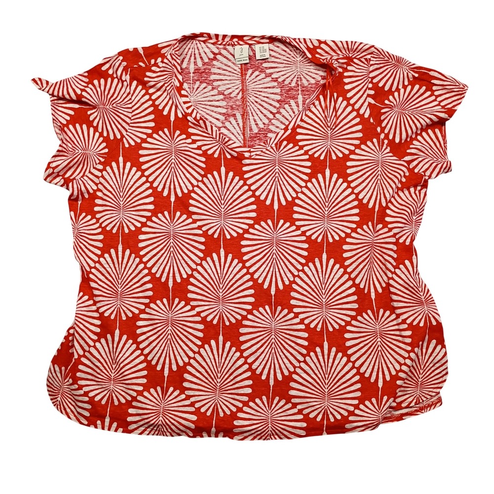 Joie Linen Top Womens 2X 100% Linen V-Neck Short Sleeve Red White Palm Print